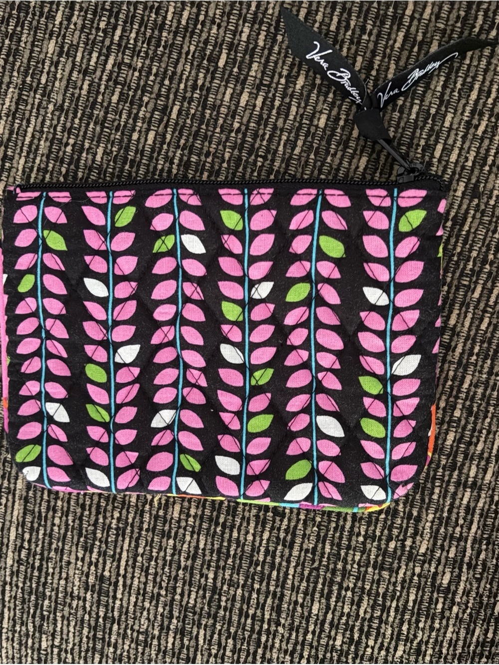 Vera Bradley Black Pouch with Pink & Green Leaf Pattern - Picture 1 of 2